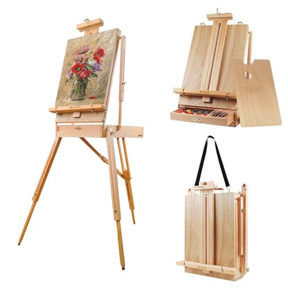 CONDA Large Wooden French Easel and Sketchbox Easel, Adjustable Tripod Easel Stand with Drawer and Palette for Artist, hobbyists, Professionals, Ideal Easel for Painting, Sketching, and Display - color: Gold