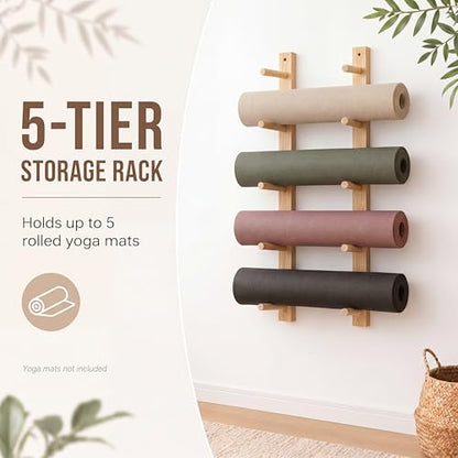 Cinnvoice 5 Tier Wooden Yoga Mat Holder Wall Mount, Adjustable Width | 35.4 x 7 x 2 Inches, Yoga Mat Storage Rack, Customizable Spacing for Foam Roller Home Gym Equipment Organizer Pilates Class