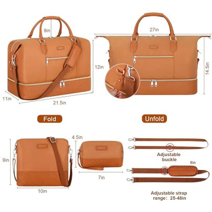 ITIEZY Weekender Bag for Women 21.5" Travel Duffel Large Carry On Bag 3PCS | Nylon Duffel Bag with Waterproof Shoe Compartment, Crossbody Bag and Toiletry Bag, Travel Weekend Hospital Overnight Gym Bag - color: 7-Brown