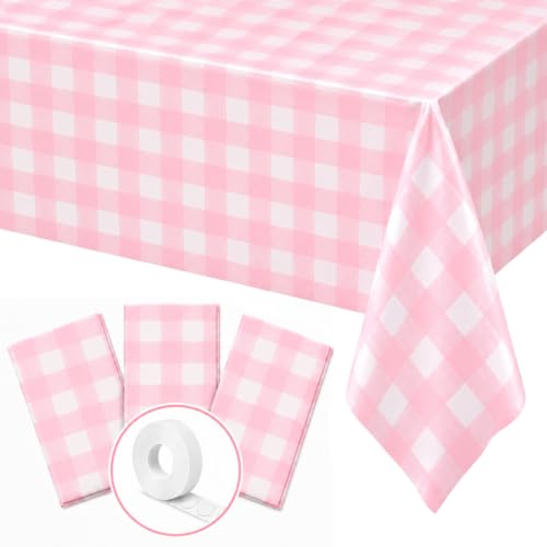 Blue Orchards Pink Gingham Table Cover (Pack of 3 with 20 Glue dots) - 54"x108" XL - Pink and White Checkered Plaid Picnic Tablecloth, Baby & Bridal Shower Decoration, Outdoor Birthday Party Supplies - color: Pink Gingham (Pack of 3)