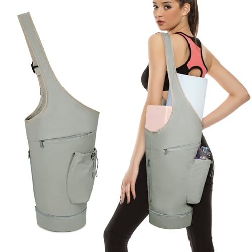 sportsnew Yoga Mat Bag, Large Opening Long Tote Yoga Mat Carrier Holder Bag with Waterproof Wet Pocket and Drawstring Water Bottle Pocket, Adjustable Shoulder Strap Storage Bag, patent pending - color: Green
