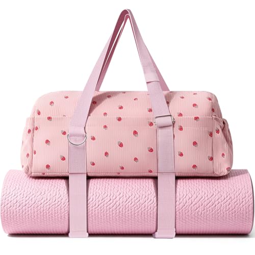 Hihealer Strawberry Gym Bag for Women & Girls, Corduroy Yoga Mat Bag with Holder, Large Capacity Dance Duffel Bag for Pilates, Travel Weekender Bag with Wet Pocket