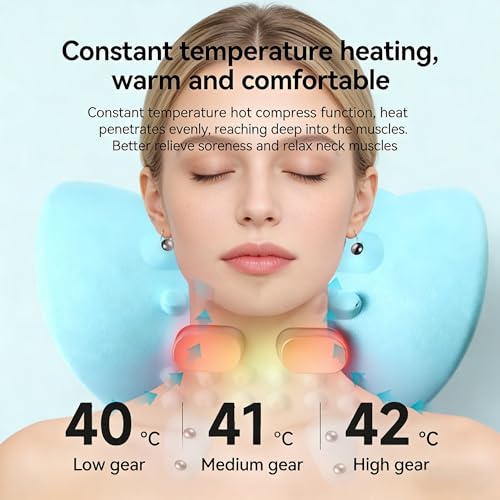 Neck Massager with Heat,3-in-1 EMS Pulse/Vibration/Heating with Remote Control,Electric Cervical Neck Traction Pillows for Pain Relief and Muscle Relaxation Gifts for Women Men(Blue)