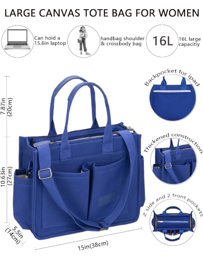 ZHMO Canvas Tote Bag for Women,Women's Bags Crossbody Bags Work Laptop Tote Bag Large Handbags Purse for Travel Nurse Teacher - color: New Upgrade Navy Blue With Compartments and Side Cup Holders