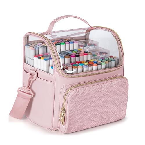 Rexmica Large Marker Organizer Case Storage Bag for 180 Marker Pens, Pink | Sloped Divider, Shoulder Strap, 4 Pockets, for Paint Markers/Paint Brushes/Colored Pencils/Art Supplies, Patented Design - color: Pink