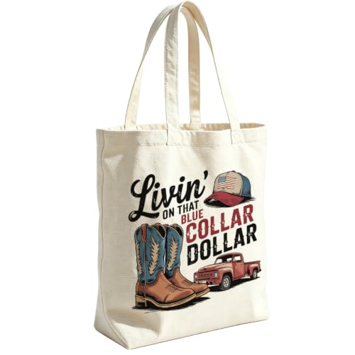 VICBOU Western Cow Skull Canvas Tote Bag for Women Girls, Cowgirl Shoulder Bag with Pocket for Beach Shopping Work - color: Bluecollar01