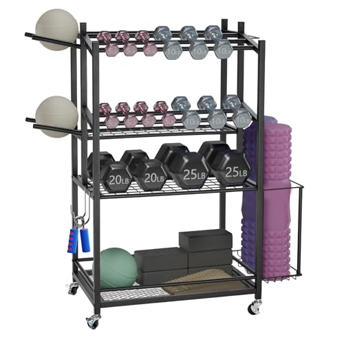 3-Tier Rolling Dumbbell Rack with Yoga Mat Basket & Hooks – Heavy Duty Steel Home Gym Storage Cart for Weights, Kettlebells, and Foam Rollers – 350Lbs Capacity Mobile Organizer with Lockable Wheels (Black)