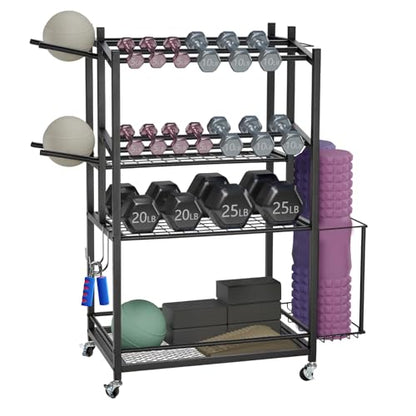 3-Tier Rolling Dumbbell Rack with Yoga Mat Basket & Hooks – Heavy Duty Steel Home Gym Storage Cart for Weights, Kettlebells, and Foam Rollers – 350Lbs Capacity Mobile Organizer with Lockable Wheels (Black)