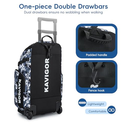 KAVIGOR Rolling Baseball Bag with Wheels, 60L Capacity Softball Bag Holds 4 Bats for Boys and Girls, Youth Equipment Bag with Shoe Compartment - color: Blue Camo