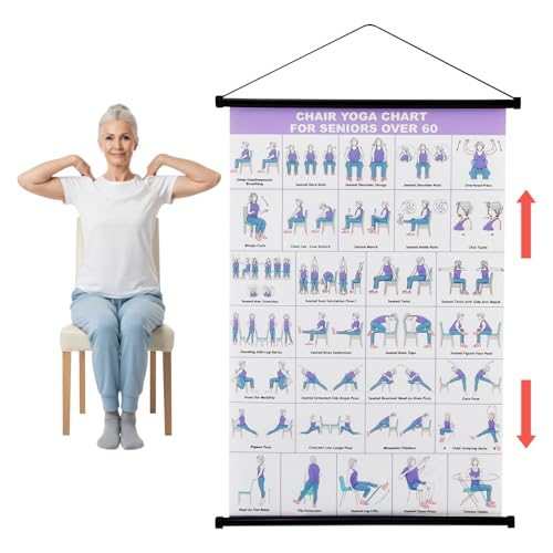Chair Yoga Wall Chart, Chair Yoga Poster for Seniors & Beginners, Fabric Poster with Hanging Rod & Rope, Office ChairYoga Workout Posters Prints Wall Art Picture for Bedroom Decor