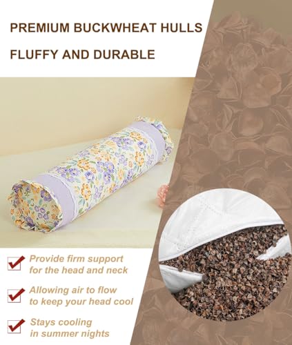 Buckwheat Hulls Neck Pillow for Pain Relief, Ergonomic Cervical Spine Shoulder Support, Adjustable Comfort for Sleeping Travel, Floral Pillowcover,(16x4 Inch,Flower) - color: Flower