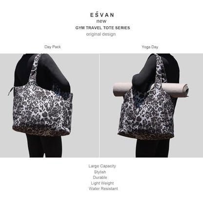 ESVAN Yoga Tote Bag Mat bag Women Shoulder Bags Carryall Tote for Travel Office Workout Gym Nurse Beach - color: Canvas Black Leopard Print