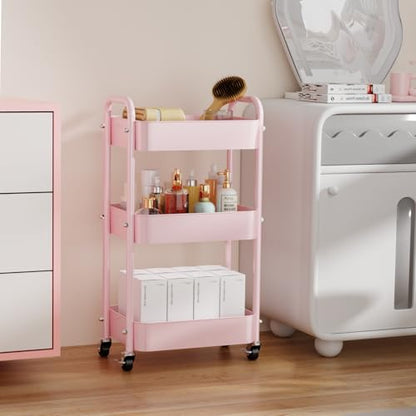 3-Tier Rolling Cart with Table Top, Metal Utility Cart on Wheels | Sturdy Storage Organizer Cart with Lockable Wheels&Hooks for Craft, Office, Classroom, Kitchen and Bathroom, Pink - color: Pink