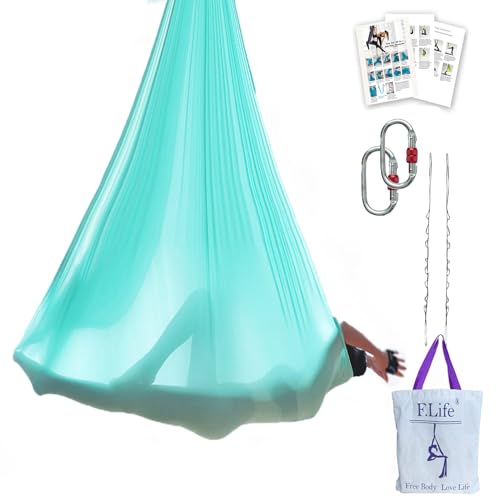 F.Life Aerial Yoga Hammock 6.5 yards Premium Aerial Sling Silk Fabric Yoga Swing for Antigravity Inversion Include Daisy Chain,Carabiner and Pose Guide - color: Turquoise