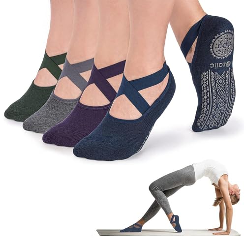 Ozaiic Pilates Socks for Women Non Slip Grip Yoga Barefoot Indoor Workout - color: 4 Pairs - Navy/D.gray/ D.green/D.purple