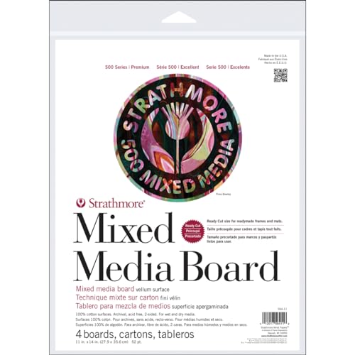 Strathmore 500 Series Mixed Media Board, 52 pt. Vellum Surface, 11 X 14 inches, Package of 4 (564-11) - size: 11 x 14 inches, style: Board