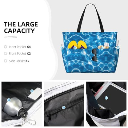 Large Beach Bag for Women Waterproof Foldable Travel Shoulder Tote Bag with Pocket for Weekender Pool Vacation - color: Water Blue