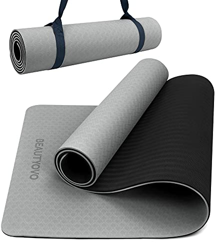 BEAUTYOVO Yoga Mat with Strap, 1/3 Inch Extra Thick Yoga Mat Double-sided Non Slip, Professional TPE Yoga Mats for Women Men, Workout Mat for Yoga, Pilates and Floor Exercises - color: Black&Gray