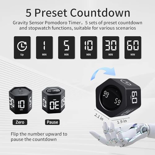 Productivity Timer Flip Gravity Sensor Cube Timer Countdown & Countup,Mute & Vibrate & Sound，5/10/30/60min & Custom Timing, Perfect for ADHD,Work,Learning,Kitchen Cooking (2, Black Hexagon) - color: Black*2 Hexagon