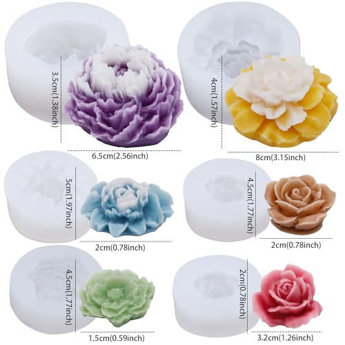 EuTengHao Peony Silicone Mold Set Flower Silicone Casting Mold Rose Resin Mold Easy Release Reusable for Wax Scented Candle Soap - Artistic Design for Home Decoration (6 Packs)