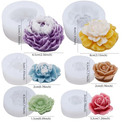 EuTengHao Peony Silicone Mold Set Flower Silicone Casting Mold Rose Resin Mold Easy Release Reusable for Wax Scented Candle Soap - Artistic Design for Home Decoration (6 Packs)