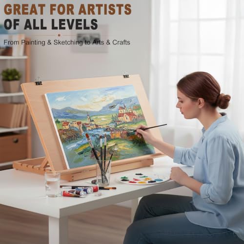 24.9"x17.3" Beechwood Tabletop Easel with Paint and Sketch Papers,Mask Tape | Extra Large Adjustable Art Easel Stand, Drawing Board for Painting, Sketching and Diamond Art - style: A2