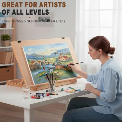 24.9"x17.3" Beechwood Tabletop Easel with Paint and Sketch Papers,Mask Tape | Extra Large Adjustable Art Easel Stand, Drawing Board for Painting, Sketching and Diamond Art - style: A2