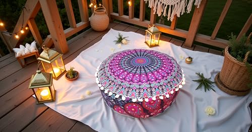 INDIAN CRAFT CASTLE ICC Mandala Barmeri Large Floor Pillow Cover Cushion Meditation Seating Ottoman Throw Cover Hippie Decorative Zipped Bohemian Pouf Ottoman Cases Pink Peacock 16" Round - color: Pink, size: 16"D x 16"W x 5"H