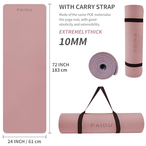 PAIDU POE Yoga Mat （10mm）Extra Thick Fitness Mat 72"x24" with Carry Strap | Non-slip, tear-resistant and suitable for all ages, perfect for yoga, Pilates, home gym and full-body workouts. - color: Deep Pink+Grey