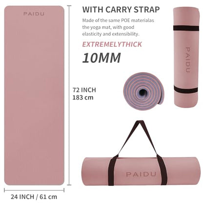 PAIDU POE Yoga Mat （10mm）Extra Thick Fitness Mat 72"x24" with Carry Strap | Non-slip, tear-resistant and suitable for all ages, perfect for yoga, Pilates, home gym and full-body workouts. - color: Deep Pink+Grey