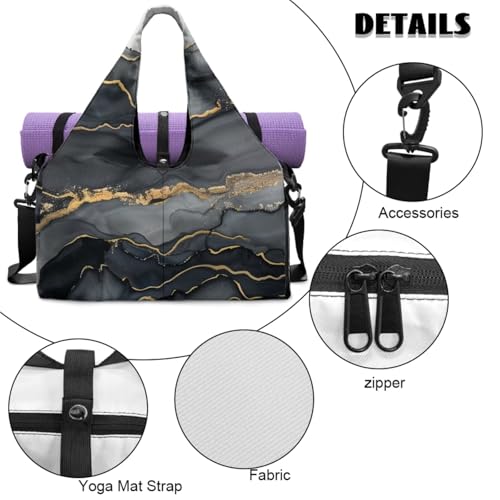 Yoga Gym Bag with Removable Adjustable Shoulder Strap, Shoe Compartment & Top Yoga Mat Holder 17.72x8.66x9.84in - color: Black Marble Textured Print