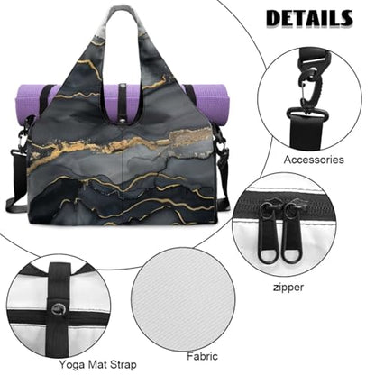 Yoga Gym Bag with Removable Adjustable Shoulder Strap, Shoe Compartment & Top Yoga Mat Holder 17.72x8.66x9.84in - color: Black Marble Textured Print