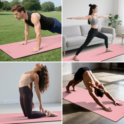 ILILI 10mm Extra Thick, TPE Yoga Mat, 76×28 Inch Extra Long, Carrying Strap - color: Pink+Black