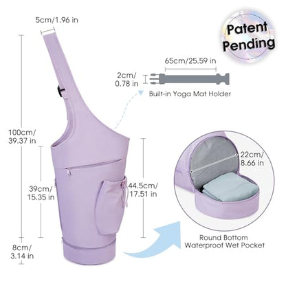 sportsnew Yoga Mat Bag, Large Opening Long Tote Yoga Mat Carrier Holder Bag with Waterproof Wet Pocket and Drawstring Water Bottle Pocket, Adjustable Shoulder Strap Storage Bag, patent pending - color: Purple