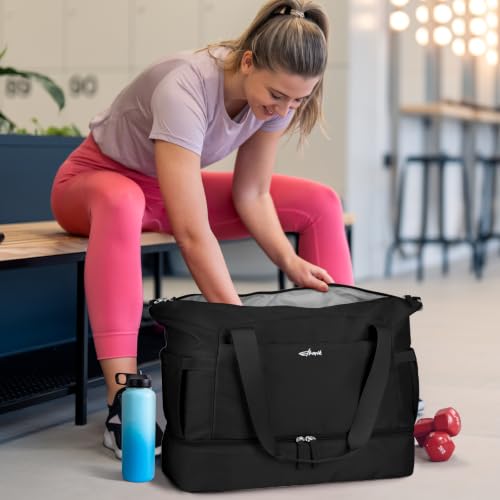 Gym Bag for Women, 45L Carry On Travel Duffel Bag with Shoes Compartment - color: Black, size: Large