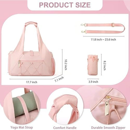 Gym Bag for Women, Yoga Mat Bag with Shoe Compartment and Wet Pocket, Sport Yoga Gym Bag with Yoga Strap, Carryall Yoga Tote Bag - color: Pink