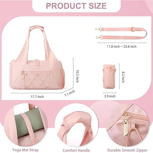 Gym Bag for Women, Yoga Mat Bag with Shoe Compartment and Wet Pocket, Sport Yoga Gym Bag with Yoga Strap, Carryall Yoga Tote Bag - color: Pink