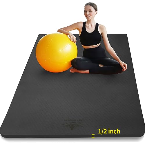Hatha Yoga Large TPE Yoga Mat 6'x4'x1/2" Extra Thick Non-Slip Exercise Mat - for Yoga Pilates & Home Gym Workouts - color: Black