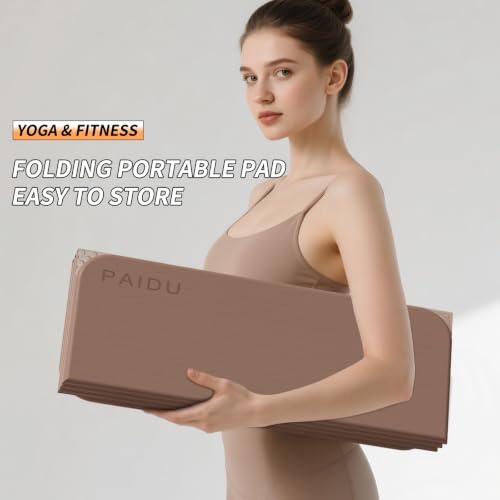 PAIDU Foldable Yoga Mat 10MM Thick SGS Certified TPE 75x26" Portable - color: Brown + apricot