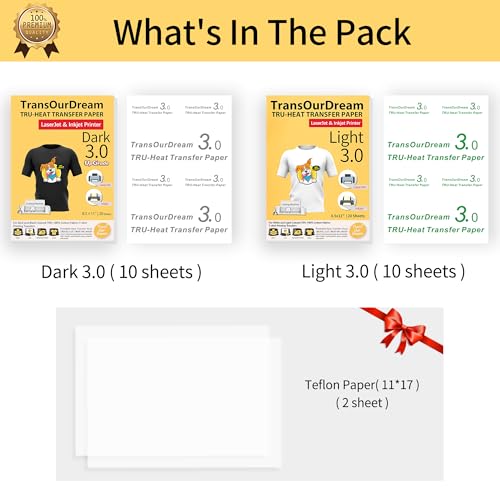 TransOurDream Iron on Heat Transfer Paper for Dark and Light T Shirts (10+10 Sheets, 8.5x11, Mix Pack) Printable HTV Heat Transfers Vinyl for LaserJet & Inkjet Printers (D3L3) - color: Mix, size: 20 Sheets