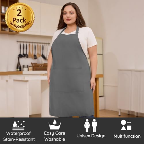 2 Pack Plus Size Waterproof Cooking Chef Apron with 2 Pockets for Men Women | Extra Large Design, Adjustable Neck Straps, Long Waist Ties, Professional Bib Aprons for Kitchen, Grilling, Gardening, Baking - color: Gray