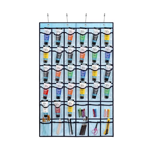 TEMUORG Hanging Acrylic Paint Tubes Organizer Over the Door Art Supplies Storage Markers 36 Pocket Holder for Pastels Crayons Brushes Tools (Blue) - color: Blue