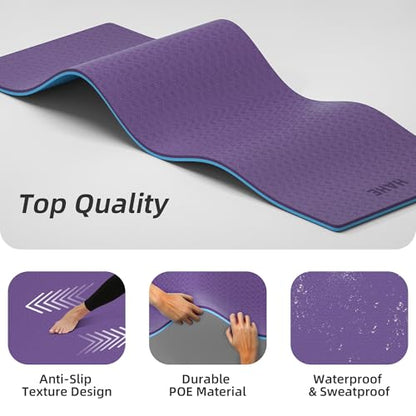HAHE Wide Yoga Mat 72"x32"x0.4" Thick Pilates Mat with Carrying Strap | Exercise Mats for Home Workout, Wide Non-slip Exercise Mats, Double-Sided POE Fitness Mat for Yoga, Pilates & Travel - color: Purple+Sky Blue