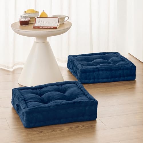 Wellsin Square Floor Pillows for Adults Kids - Meditation Floor Pillow Seating Cushion - Tufted Floor Cushion with Shredded Foam & Velvet Cover, 2 Pack, 20x20 Inch, Dark Blue - color: Navy Blue, size: 2 Pack (20"x20")