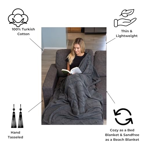 InfuseZen Large Stonewashed Organic Cotton Turkish Throw Blanket - Charcoal - color: Extra Large Charcoal (92" X 69")