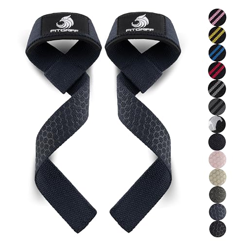 Fitgriff® Lifting Wrist Straps for Weightlifting, Gym, Deadlift, Workout (Made of Premium Cotton & Padded) - Men & Women - color: Navy Blue (Grip), size: Standard (above 6.3' Wrist)