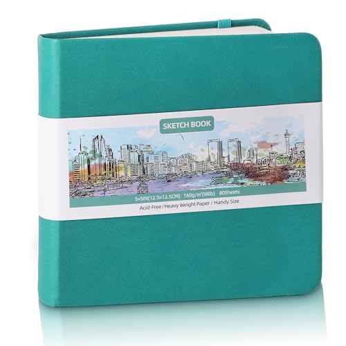 Pocket Sketchbook, 5 × 5 in, 80 Sheets Small Sketch Book, Dark Blue | 160gsm Acid-Free Paper, Elastic Closure, Ribbon Bookmark, Compact Travel Size for Sketching On The Go - color: Dark Blue