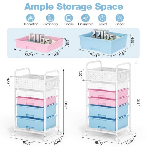 4 Drawer Rolling Storage Cart with Pegboard Top and Hooks, Pink&Blue | Mobile Organizer Cart with Wheels for Office Supplies, Craft Storage, Classroom Organization, Home Utility Cart - color: Pink&Blue, size: 4-Drawers