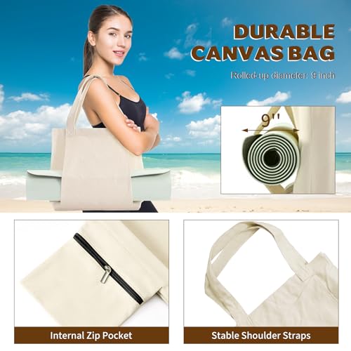 Yoga Mat Carrier, Gym Bag With Yoga Mat Holder, Women Canvas Tote With Shoulder Strap For Pilates, Travel, Office, Sports, Workout And Beach – Inner Zippered Pocket, Fits Standard And Small Mats - color: Off Whtie