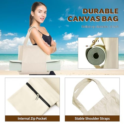 Yoga Mat Carrier, Gym Bag With Yoga Mat Holder, Women Canvas Tote With Shoulder Strap For Pilates, Travel, Office, Sports, Workout And Beach – Inner Zippered Pocket, Fits Standard And Small Mats - color: Off Whtie
